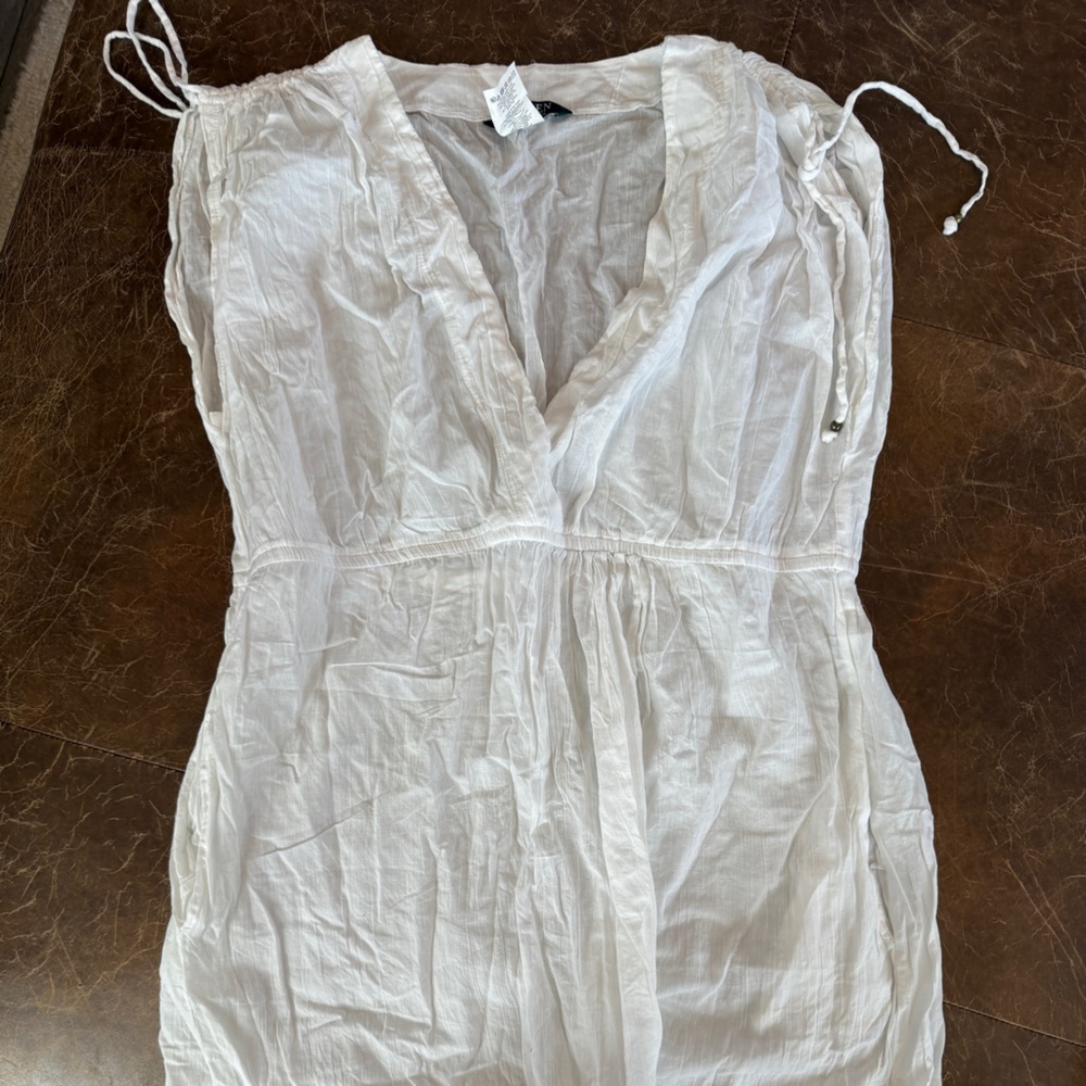 Lauren Ralph Lauren White V-Neck Swim Coverup with Drawstring Shoulders